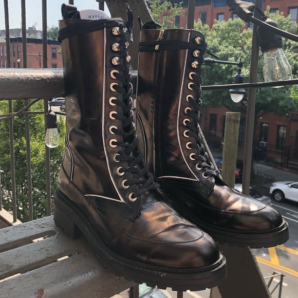 NWOT NWOB Havva Mustafa Metallic Oiled Bronze Black Lace Up Combat Boots - Picture 9 of 16